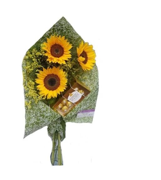 Imagen de Buena Onda Descripcion: 3 Girasoles con chocolate ferrero caja rectangular

 