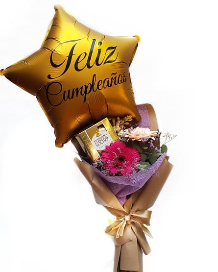 Imagen de Celebremos Descripcion: Ramo chico de gerberas papel madera y globo metalizado con caja chica de 4 ferreros.