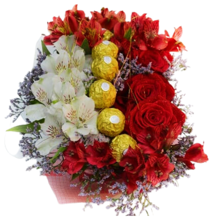 Imagen de Feliz Día Descripcion: Arreglo floral (con esponja, no requiere florero) va con 3 rosas, astromelias, limonium y otras flores variadas que hacen juego con la tonalidad del arreglo, 6 ferreros rocher, brillos, moño y dedicatoria.