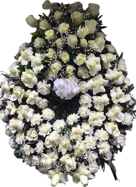 Imagen de Descanso eterno Descripcion: Corona de 20 rosas y otras flores blancas estilo americano