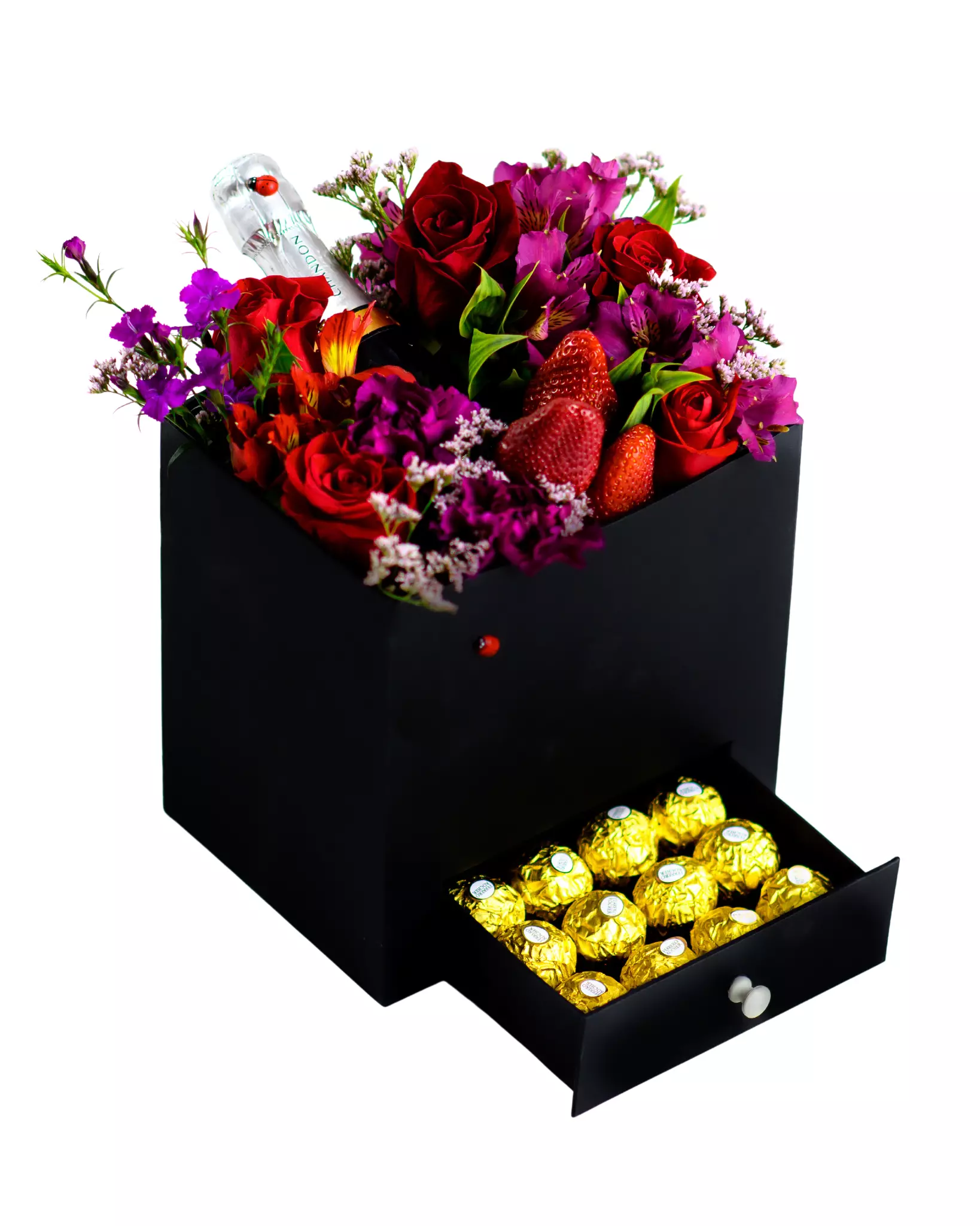 Imagen de Todo empezo Descripcion: Caja de flores con chocolates ferrero  y 1 chandon mini. vaquitas de san antonio y brillitos