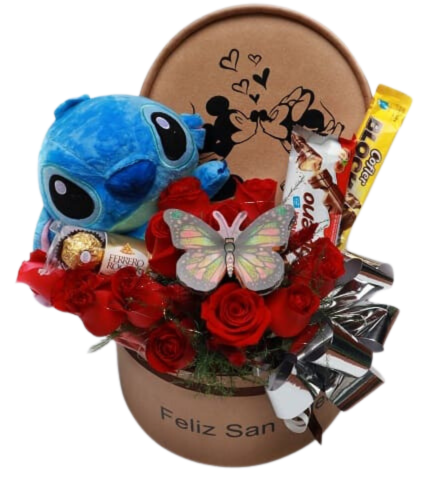 Imagen de Amor eterno Descripcion: Caja grande con 12 rosas, stich peluche, mariposa brillos, un block grande, kinder bueno y ferreros.