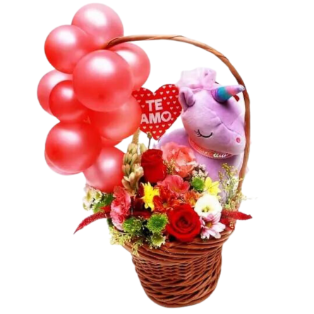 Imagen de Más que tu amigo Descripcion: canasta con globos, peluche y flores variadas 