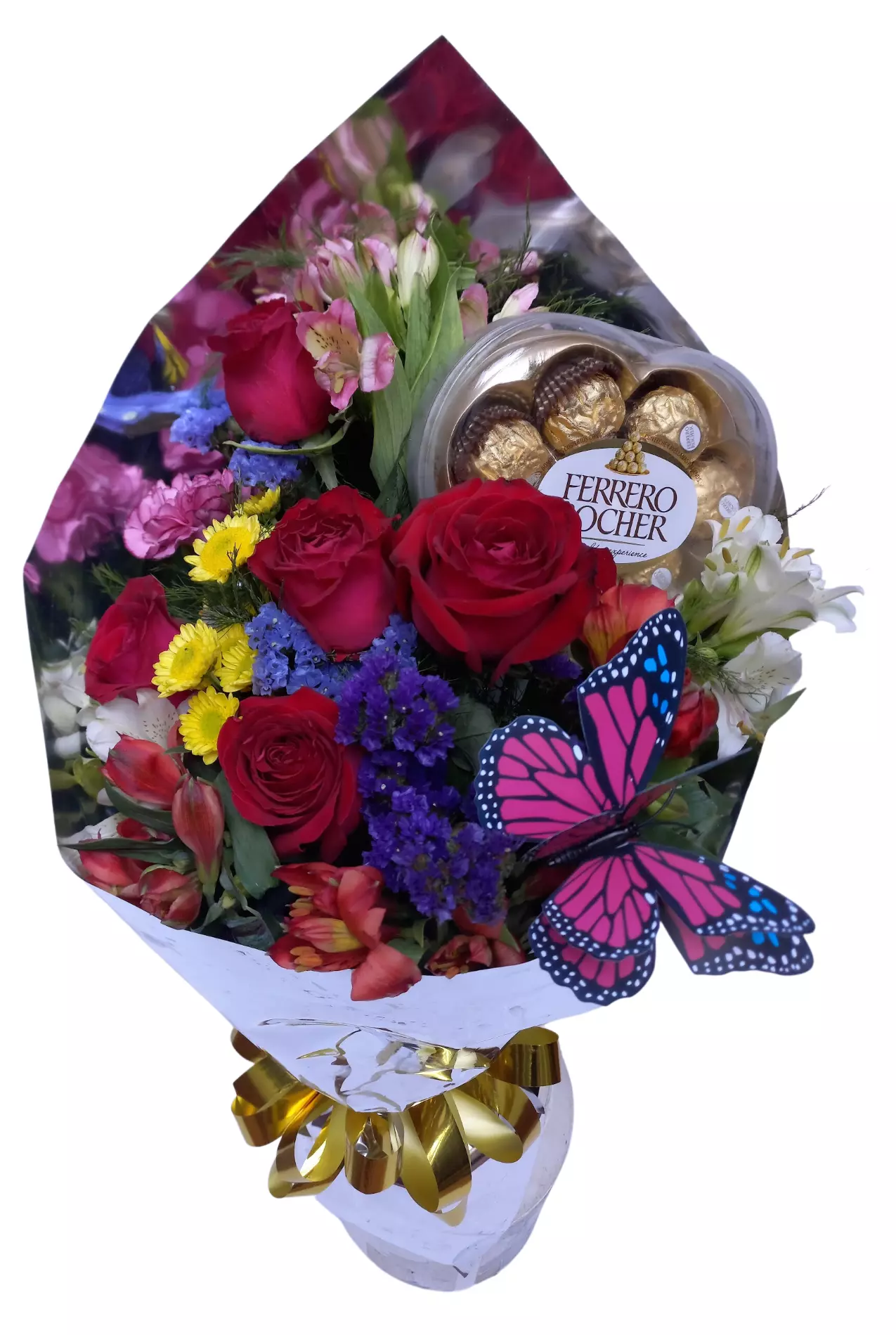 Imagen de Memoria de un beso Descripcion: Ramo de rosas con flores variadas caja de chocolate corazon y mariposa 