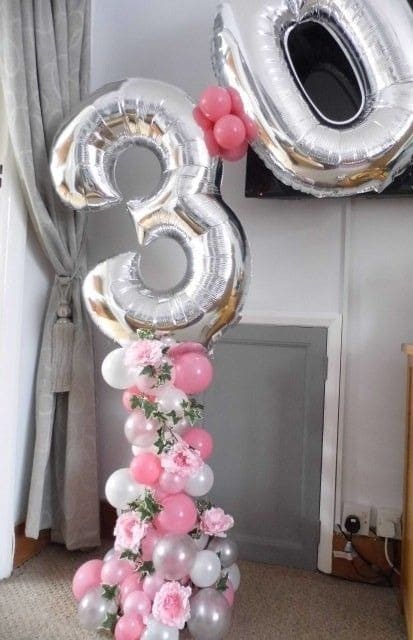 Imagen de Columna de número Descripcion: Columna de globos con número grande y flores