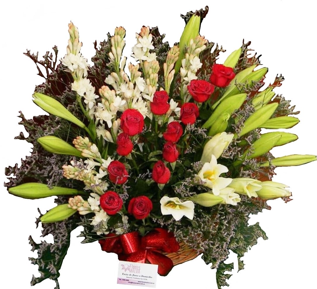 Imagen de Compensación Descripcion: Canasta Gigante con rosas, liliums, lirios, nardos perfumados y limonium
