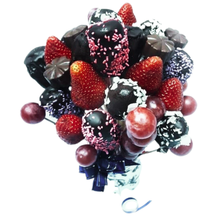 Imagen de Chocoamor Descripcion: Frutas bañadas en chocolate y chocolates en una taza