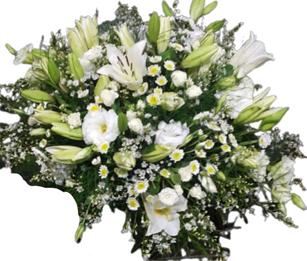 Imagen de Para vos Descripcion: Cubre cajón de rosas liliums lisianthus 55cm