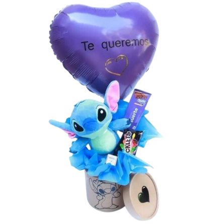 Imagen de Ohana Descripcion: Canasta stitch con peluche stitch rocklets, milka con frase, marroc y globo personalizado.