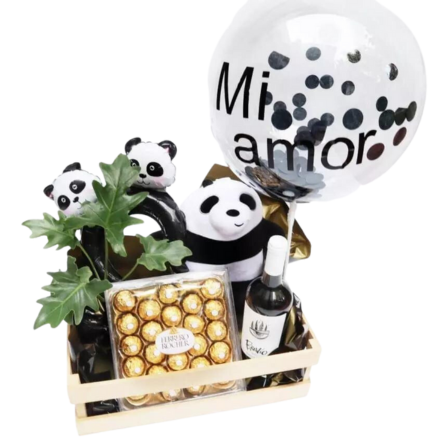 Imagen de Osita Mia Descripcion: Caja chocolates ferreros rocher, vino fino, planta de interior, vincha globo y globo burbuja personalizado.