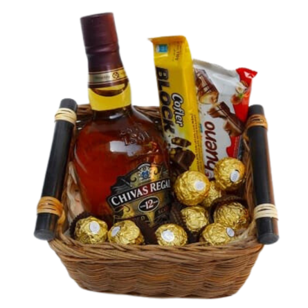 Imagen de Papa querido Descripcion: Canasta con whisky Chivas Regal 750ml 9 ferreros rocher un kinder bueno y un block grande 