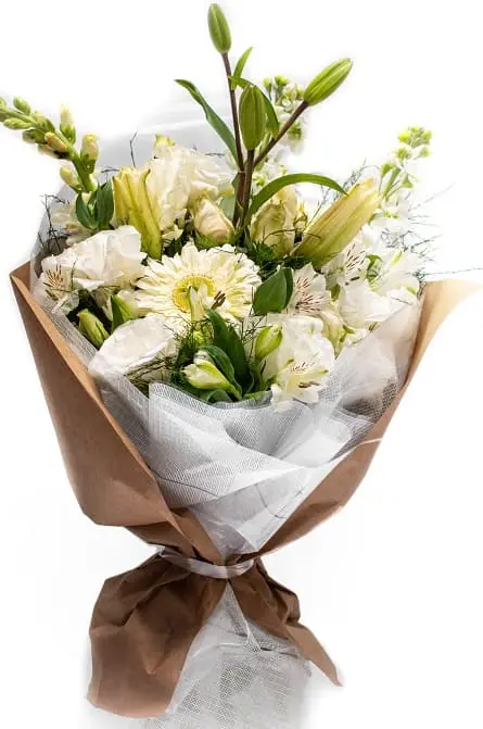 Imagen de Ángel blanco Descripcion: Ramo de rosas blancas gypsophila, gerberas liliums astromelias.