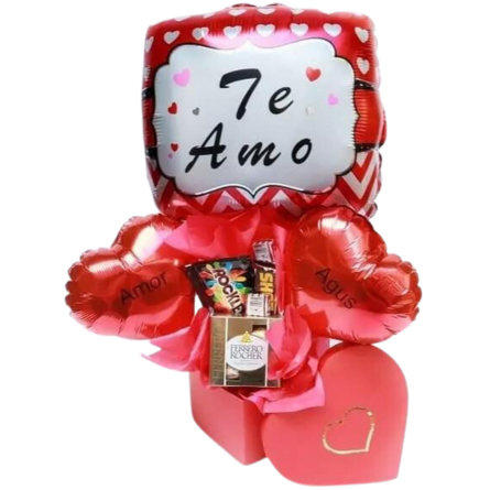 Imagen de Saber de Ti Descripcion: Caja corazón con 2 globos chicos personalizados y un globo grande te amo, un ferrero chico, rocklets , 2 marroc y un shot.