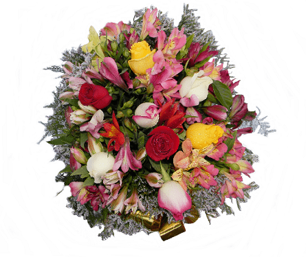 Imagen de Todo alegría Descripcion: Maravilloso centro de mesa con base redonda, decorado con flores de estacion y 9 rosas muy coloridas, mide 60 cm. tambien puede pedirla alargada.